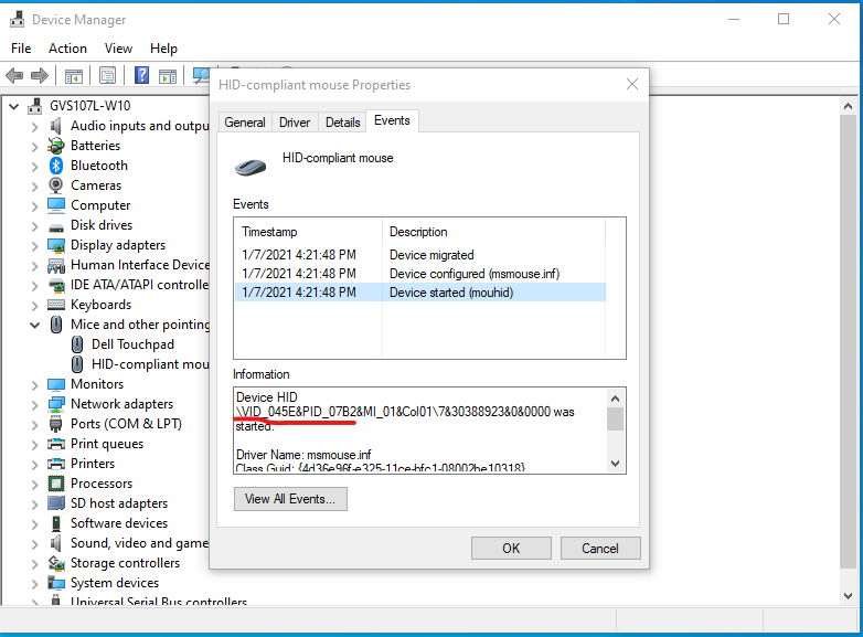 Screenshot of the Device Manager with the device ID indicated